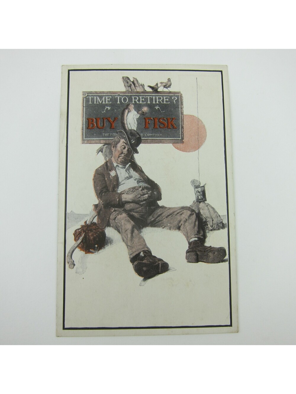 Postcard Fisk Tires Norman Rockwell Advertising Hobo Tramp Bum Antique RARE